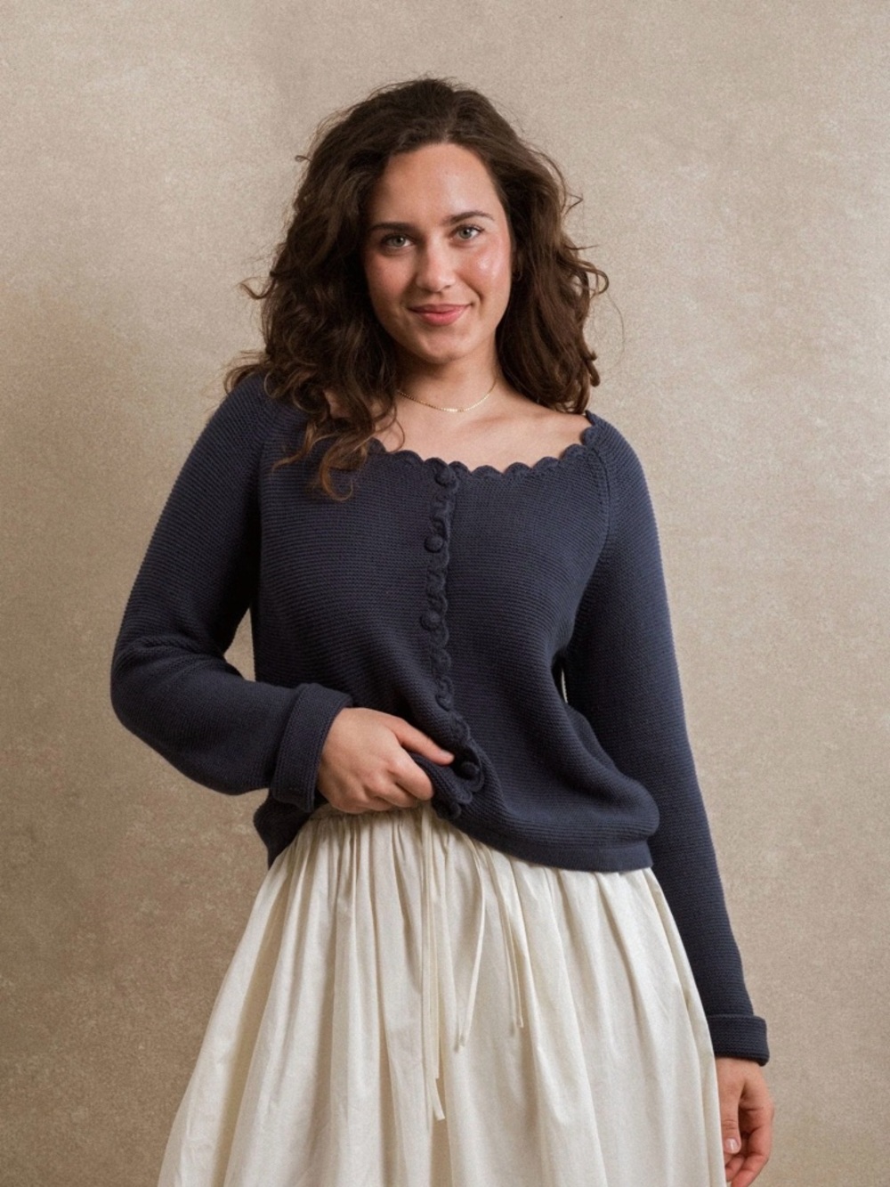 Off-Shoulder Scallop-Edge Knit Sweater in Navy